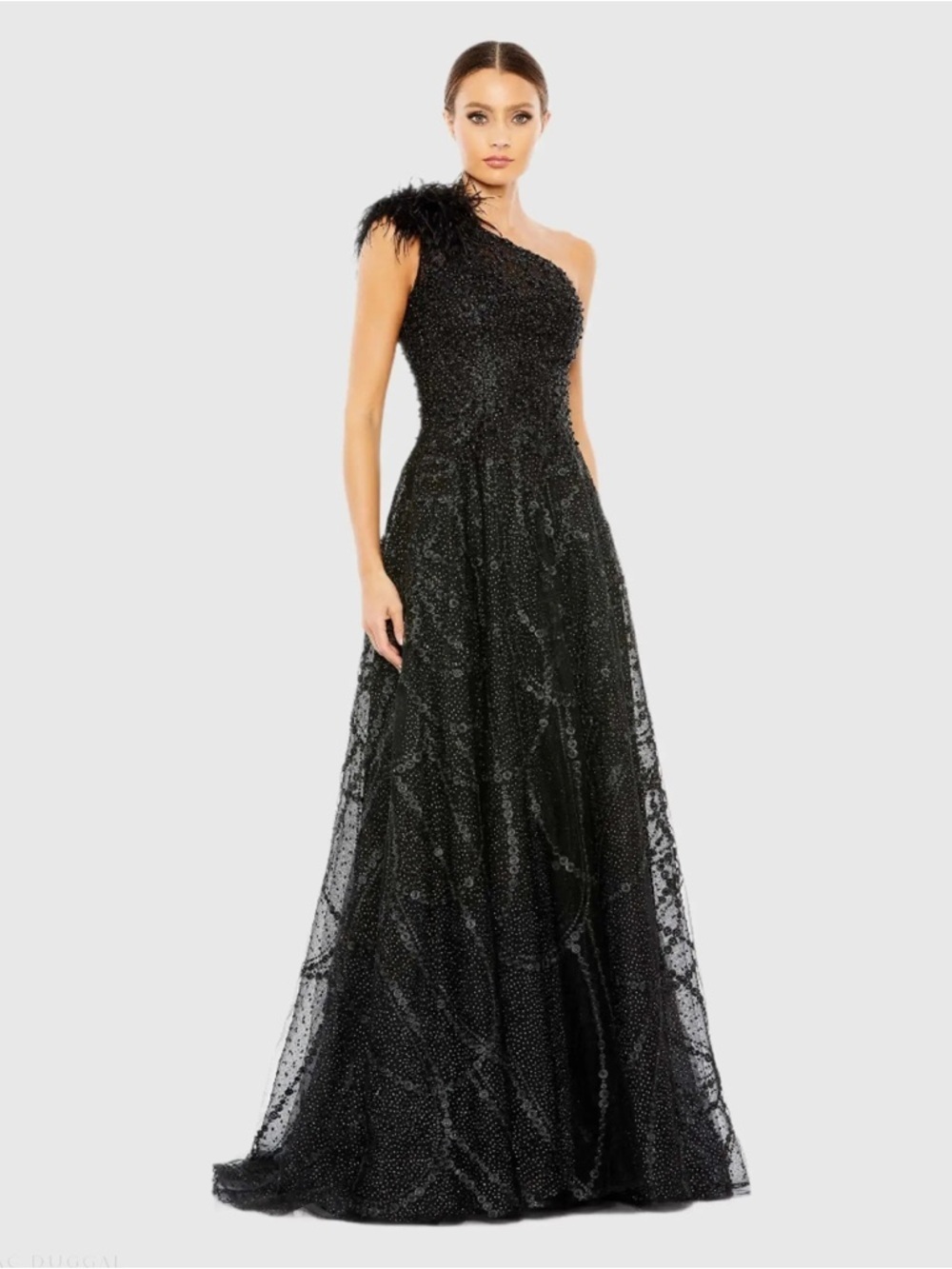 Mac Duggal 20389 Black Embellished One Shoulder A Line Gown Size 4